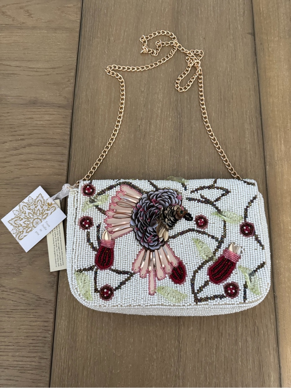Beaded Floral Wristlet Clutch with Gold Chain - White/Pink